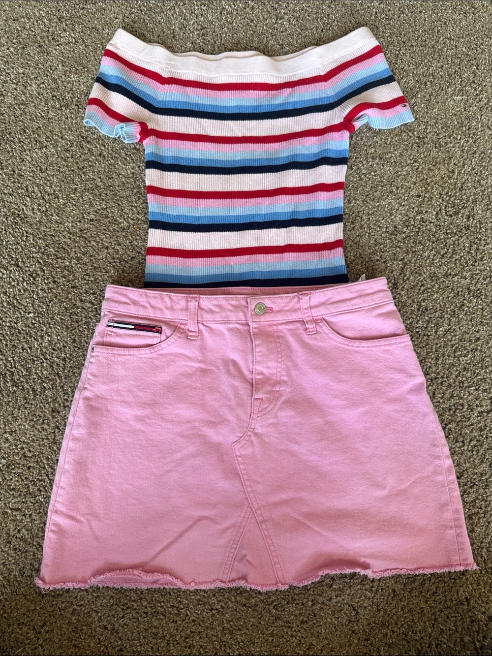 Tommy Hilfiger Pink Denim Skirt with Multicolor Striped Top